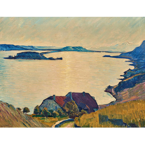 ERNST SAMUEL GEIGER : Blick auf den Bielersee mit St. Petersinsel (DOBIASCHOFSKY AUKTIONEN AG)